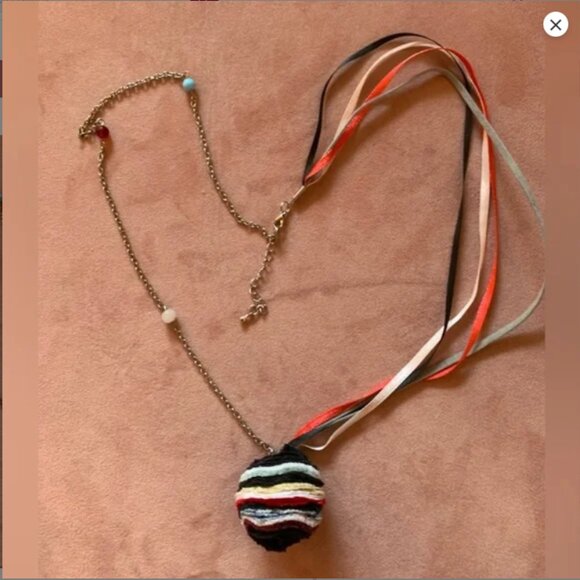 Handmade long necklace with fabric pompom ribbons and beads red blue white black - Picture 2 of 9